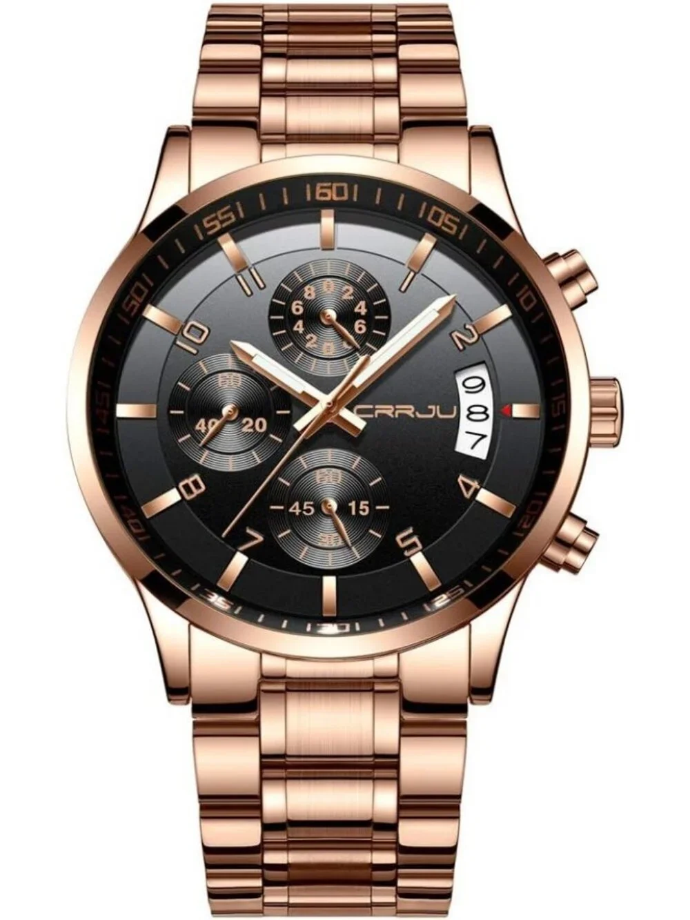 Men's Rose Gold Black Analog Stainless Steel Waterproof Chronograph Wrist Watch